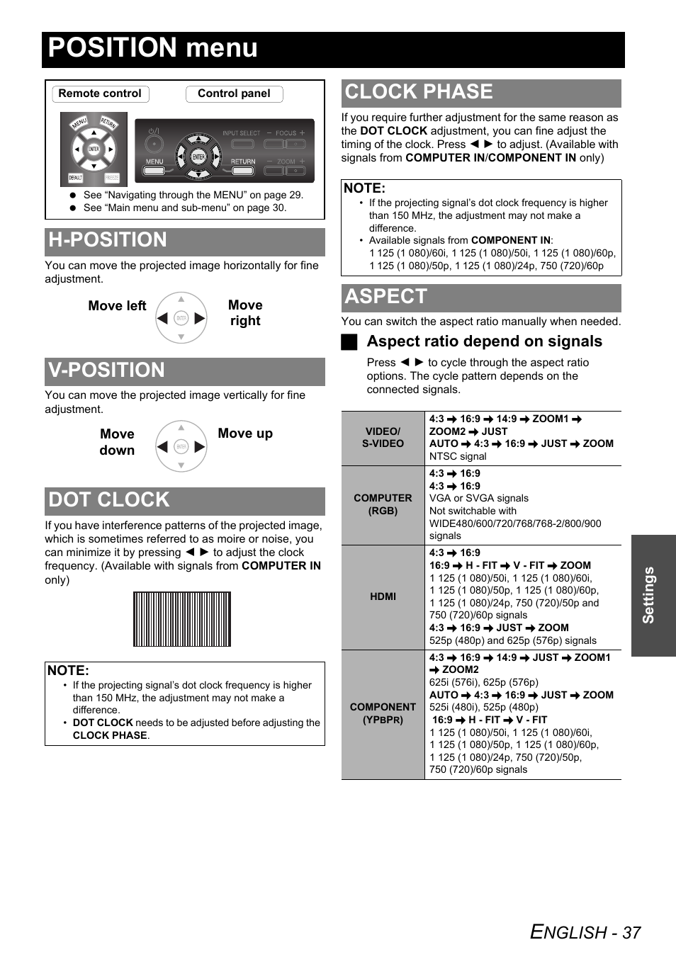 Position menu, H-position, V-position | Dot clock, Clock phase, Aspect, H-position v-position dot clock clock phase aspect, H-position v-position dot clock, Nglish - 37, Jaspect ratio depend on signals | Panasonic PT-AE3000E User Manual | Page 37 / 60