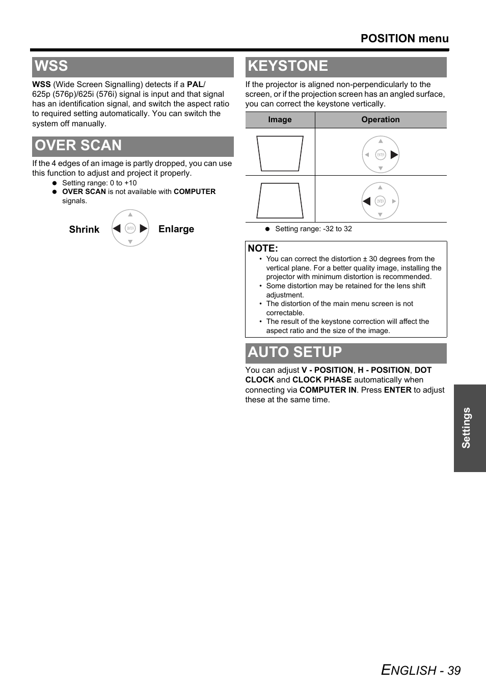 Over scan, Keystone, Auto setup | Wss over scan keystone auto setup, Rs, see “keystone” on, Wss over scan, Nglish - 39, Position menu | Panasonic PT-AE3000E User Manual | Page 39 / 60