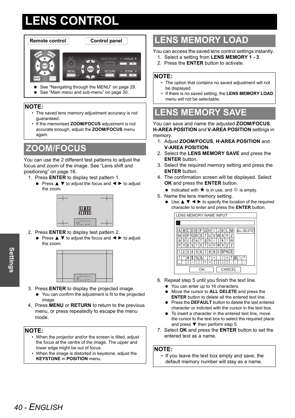 Lens control, Zoom/focus, Lens memory load | Lens memory save, Zoom/focus lens memory load lens memory save, Nglish, Settings | Panasonic PT-AE3000E User Manual | Page 40 / 60