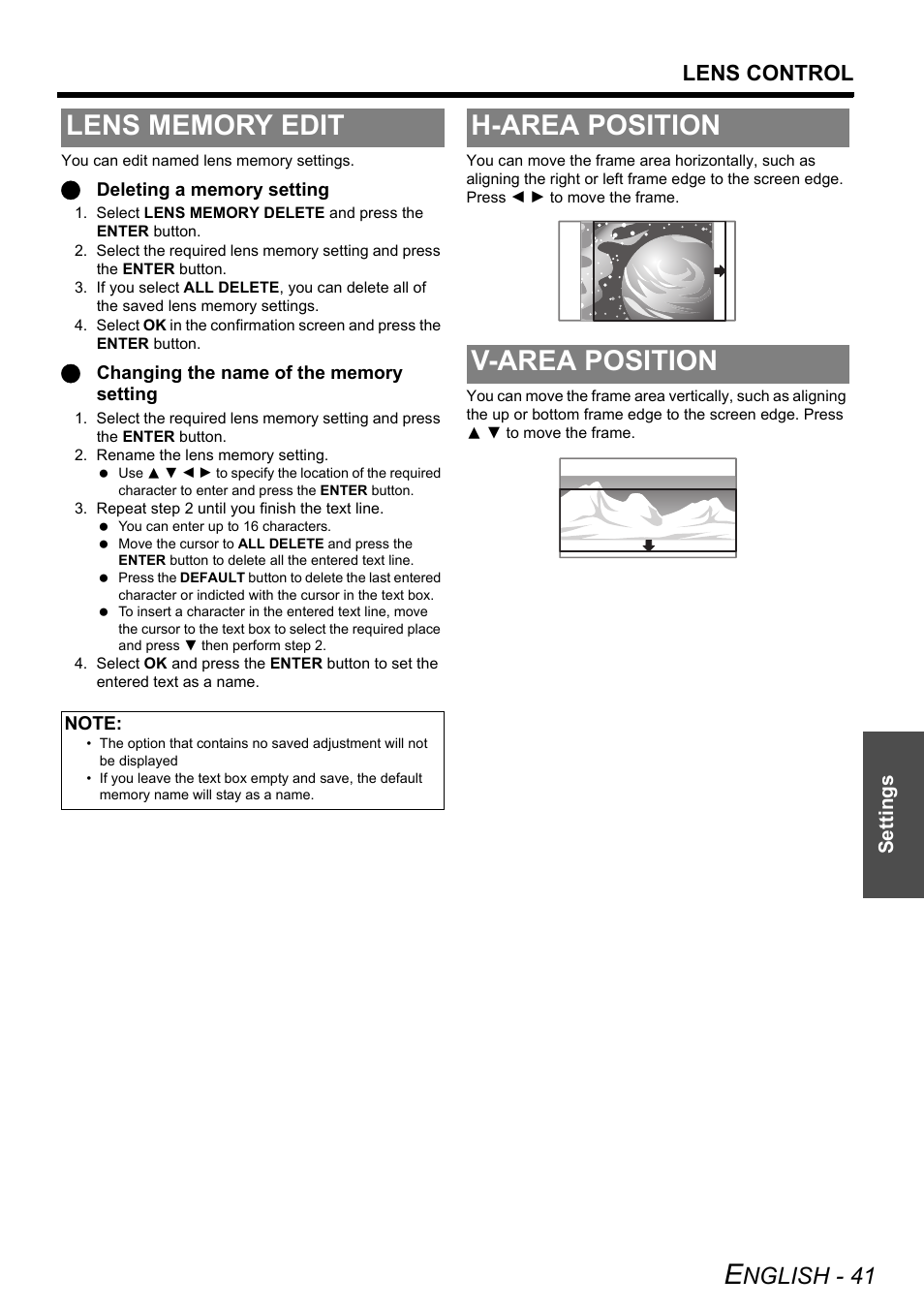 Lens memory edit, H-area position, V-area position | Lens memory edit h-area position v-area position, H-area position v-area position, Nglish - 41, Lens control | Panasonic PT-AE3000E User Manual | Page 41 / 60
