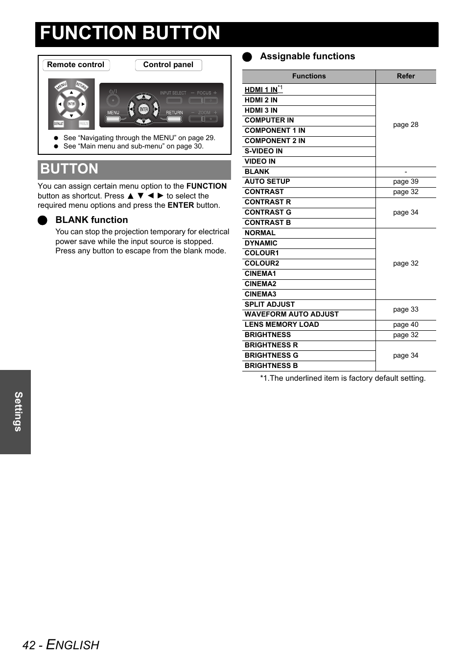 Function button, Button, Nglish | Settings | Panasonic PT-AE3000E User Manual | Page 42 / 60