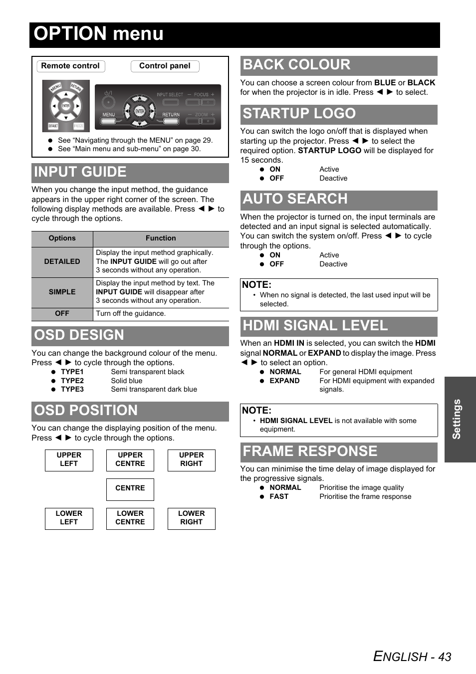 Option menu, Input guide, Osd design | Osd position, Back colour, Startup logo, Auto search, Hdmi signal level, Frame response, Osd design osd position | Panasonic PT-AE3000E User Manual | Page 43 / 60