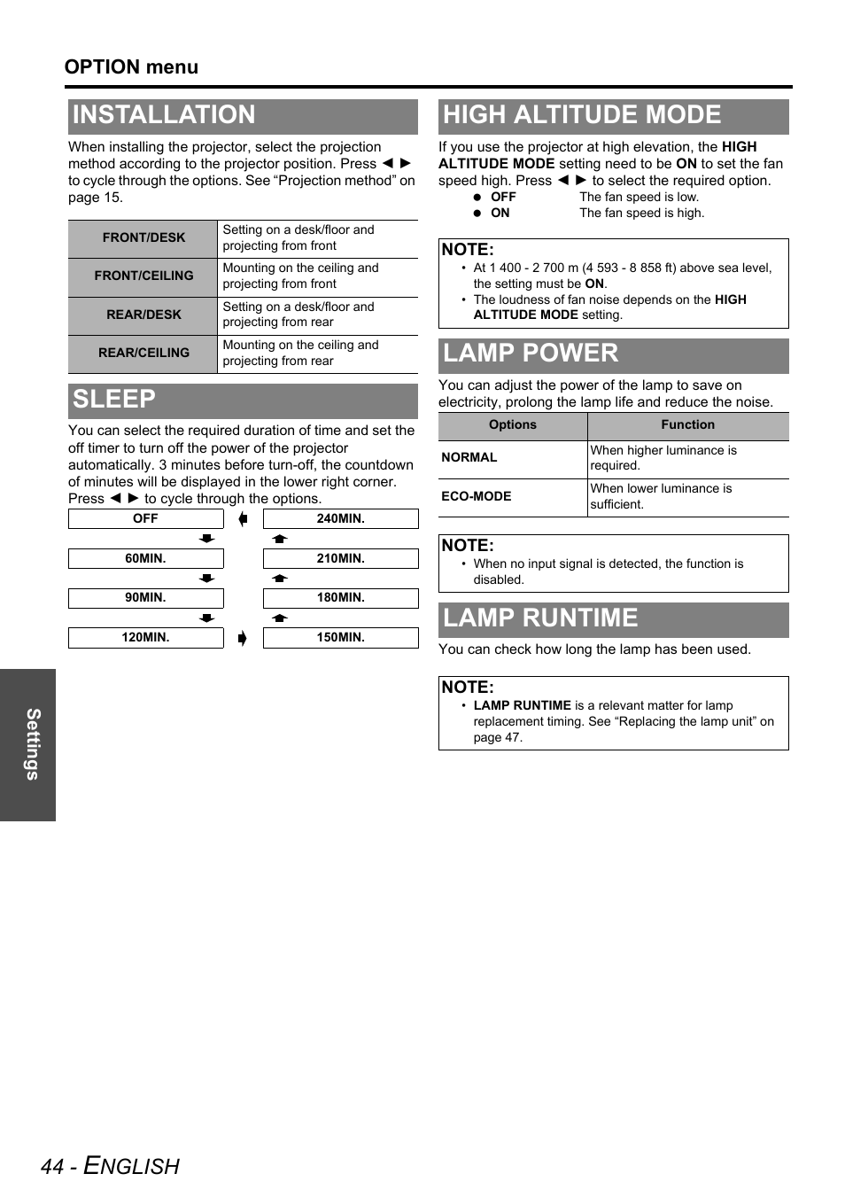 Installation, Sleep, High altitude mode | Lamp power, Lamp runtime, Nglish, Option menu | Panasonic PT-AE3000E User Manual | Page 44 / 60