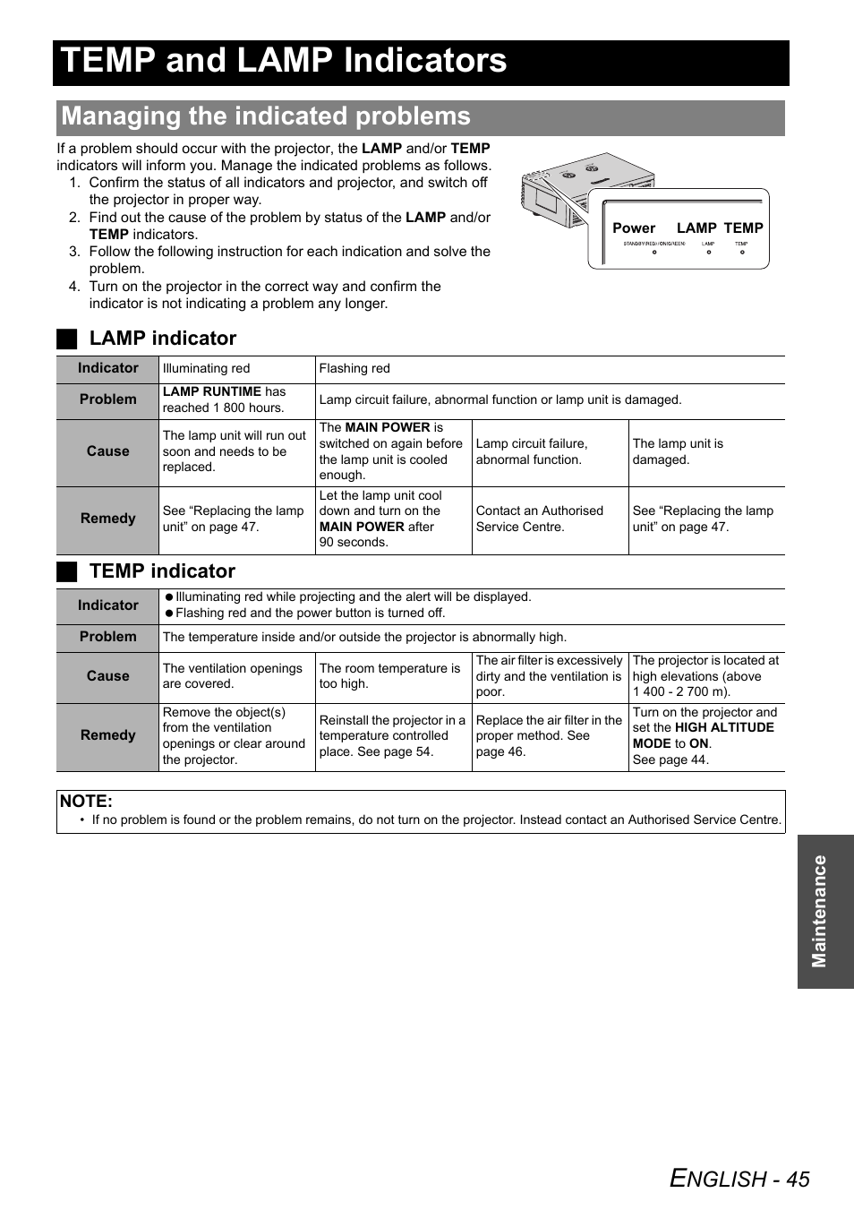 Temp and lamp indicators, Managing the indicated problems, E 45) | Nglish - 45, Jlamp indicator j temp indicator, Maintenance | Panasonic PT-AE3000E User Manual | Page 45 / 60