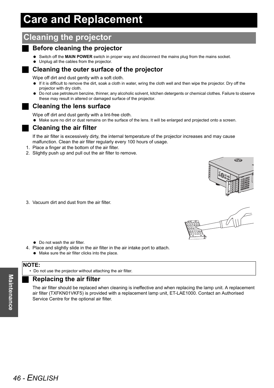 Care and replacement, Cleaning the projector, Nglish | Jbefore cleaning the projector, Jcleaning the outer surface of the projector, Jcleaning the lens surface, Jcleaning the air filter, Jreplacing the air filter | Panasonic PT-AE3000E User Manual | Page 46 / 60