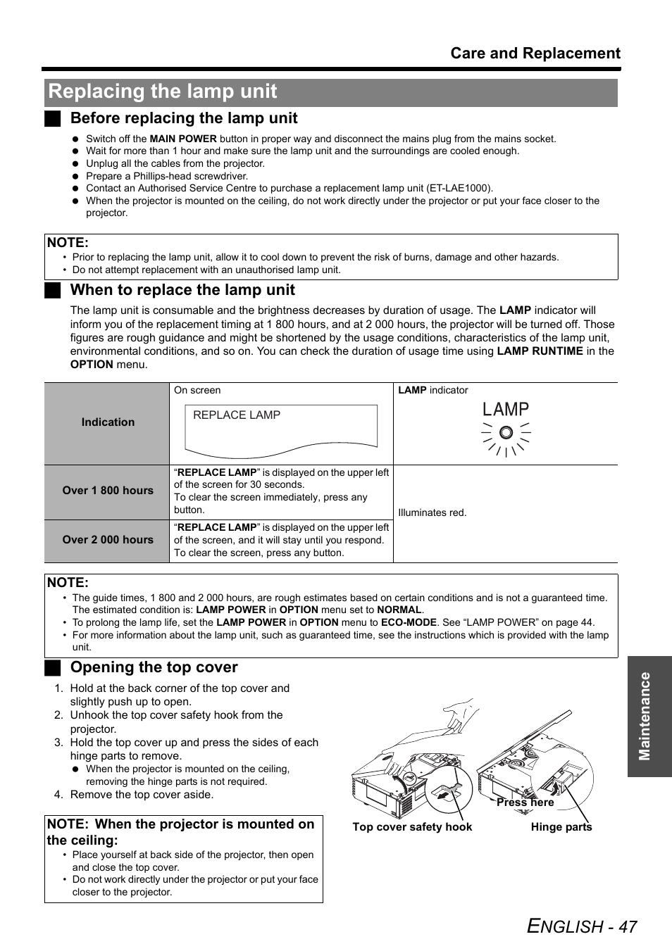 Replacing the lamp unit, Nglish - 47, Care and replacement | Jbefore replacing the lamp unit, Jwhen to replace the lamp unit, Jopening the top cover, Maintenance | Panasonic PT-AE3000E User Manual | Page 47 / 60