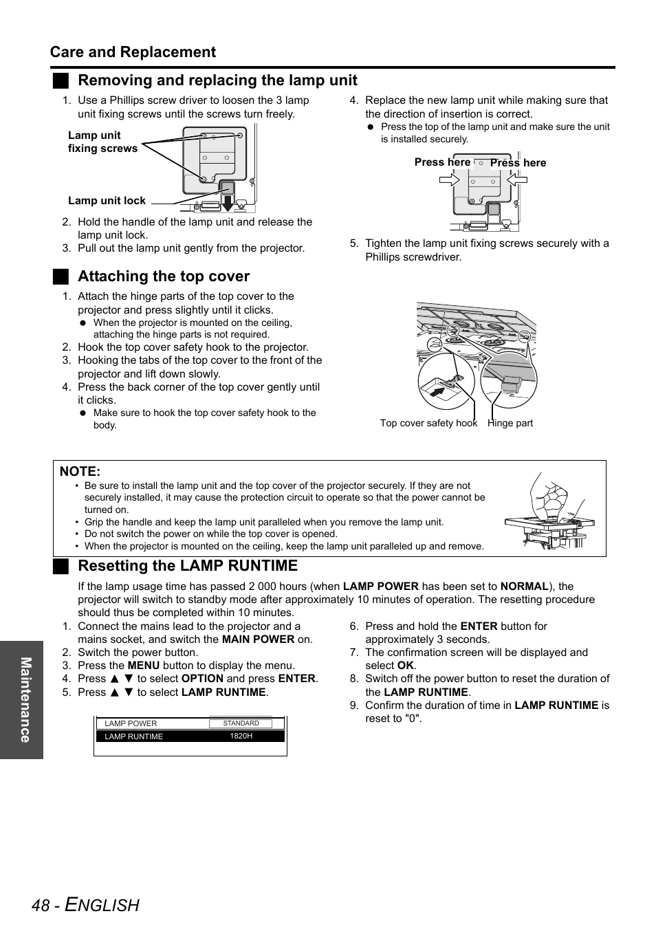 Nglish, Care and replacement, Jremoving and replacing the lamp unit | Jattaching the top cover, Jresetting the lamp runtime, Maintenance | Panasonic PT-AE3000E User Manual | Page 48 / 60