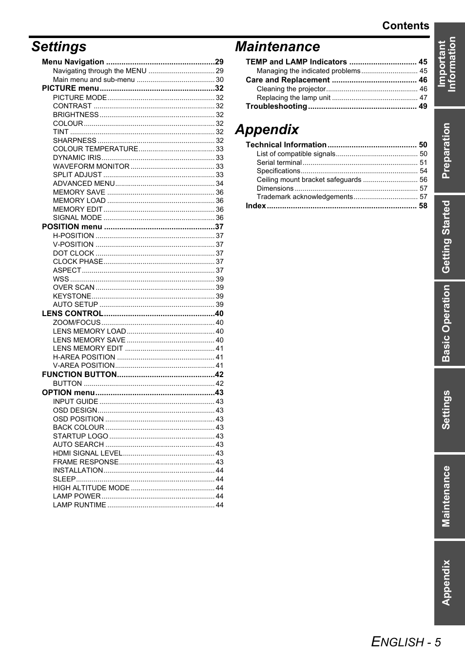 Panasonic PT-AE3000E User Manual | Page 5 / 60
