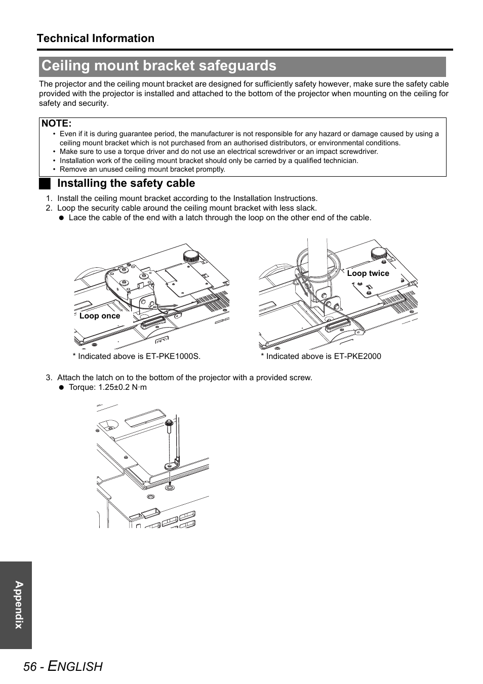 Ceiling mount bracket safeguards, Nglish, Technical information | Jinstalling the safety cable | Panasonic PT-AE3000E User Manual | Page 56 / 60