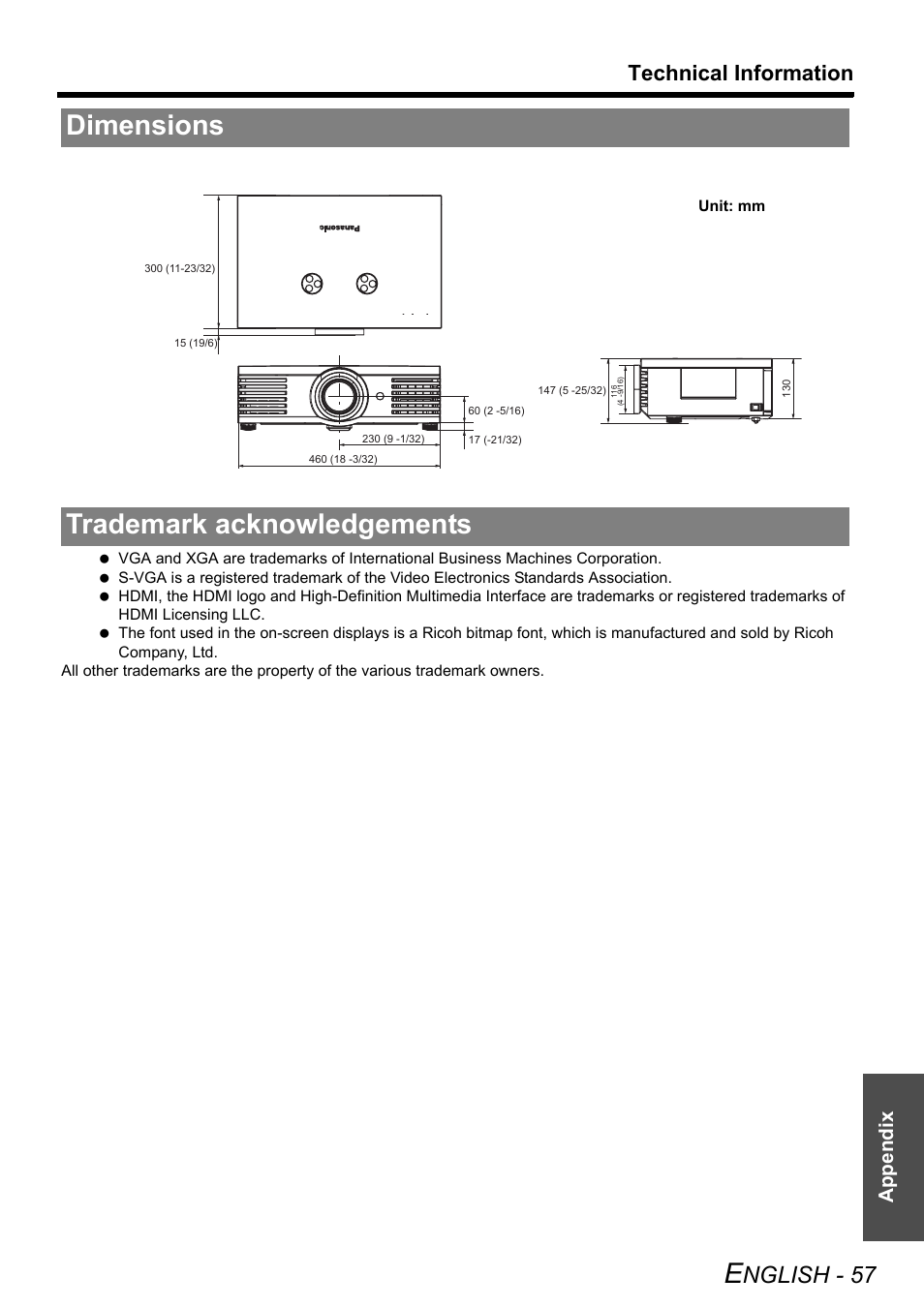 Dimensions, Trademark acknowledgements, Dimensions trademark acknowledgements | Nglish - 57, Technical information, Appendix | Panasonic PT-AE3000E User Manual | Page 57 / 60