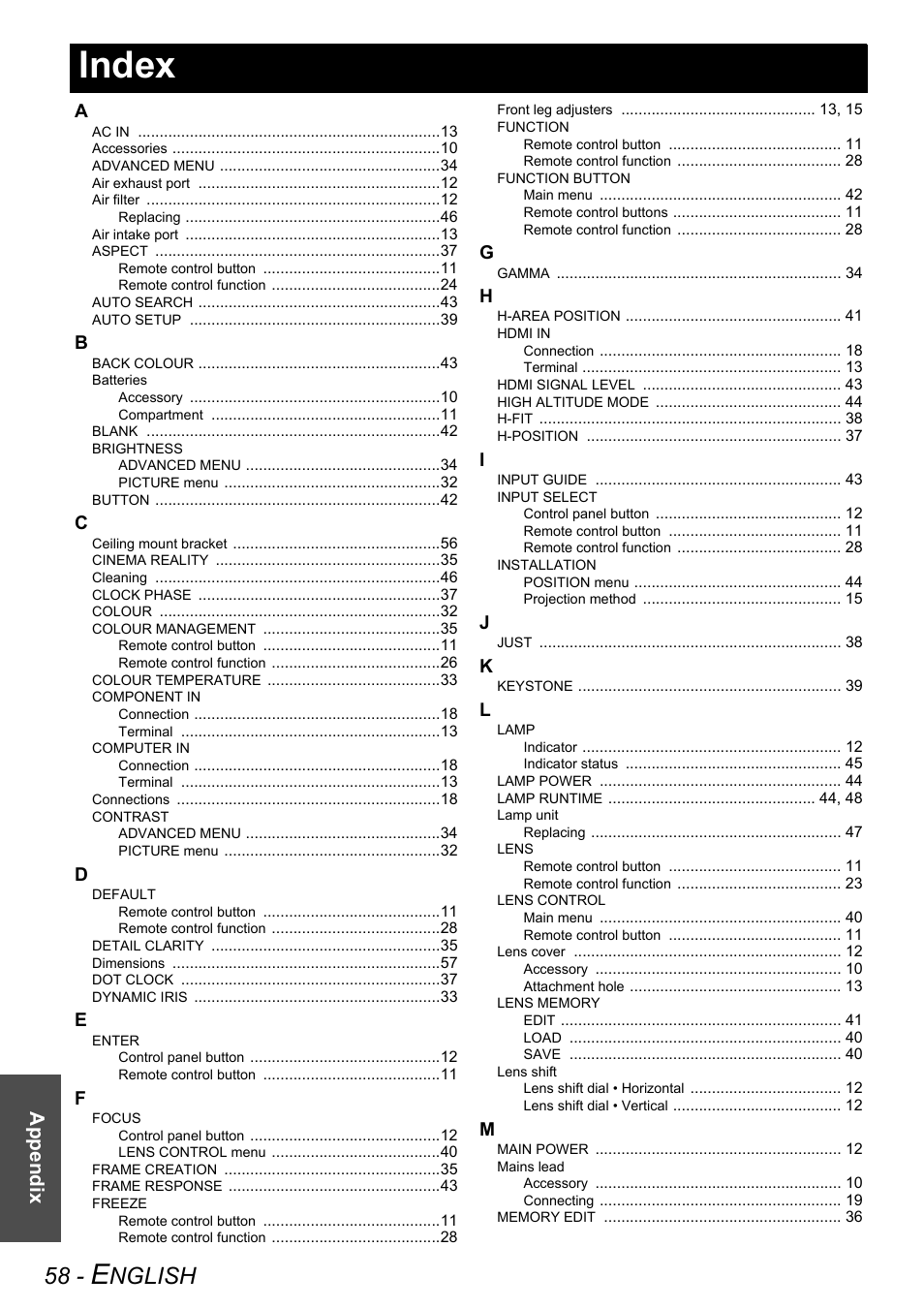 Index, Nglish, Appendix | Panasonic PT-AE3000E User Manual | Page 58 / 60