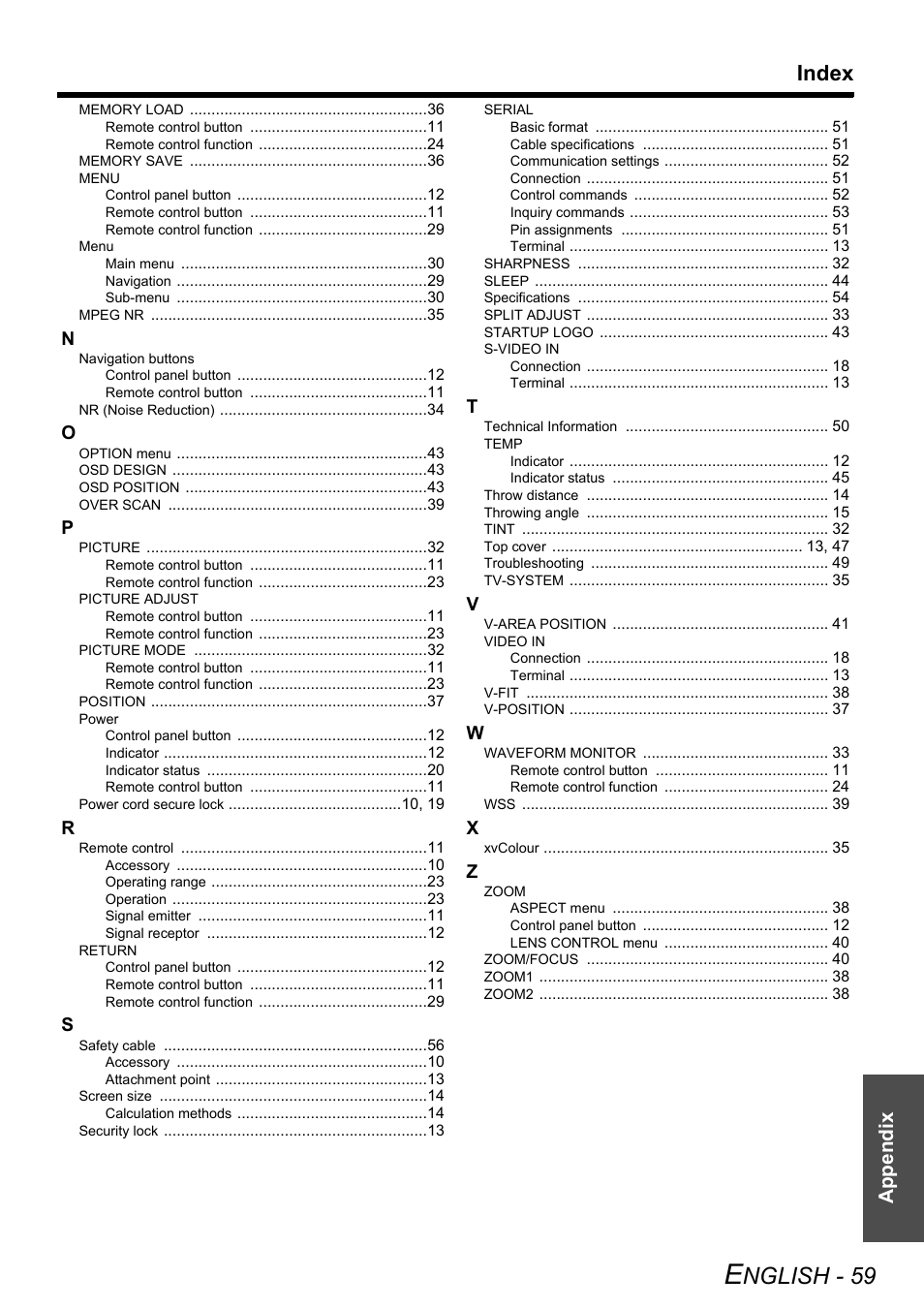 Nglish - 59, Index, Appendix | Panasonic PT-AE3000E User Manual | Page 59 / 60