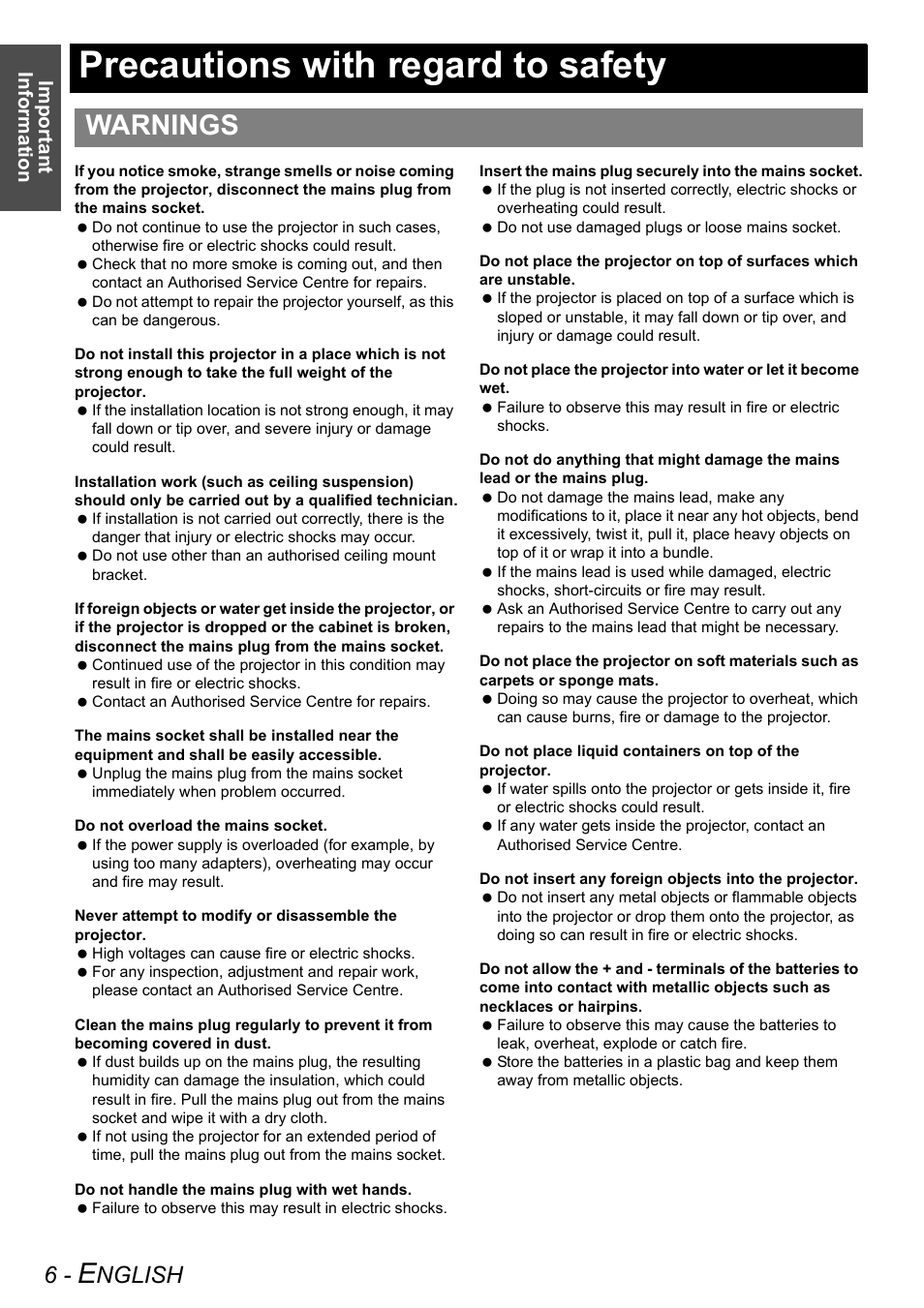 Precautions with regard to safety, Warnings, Nglish | Important information | Panasonic PT-AE3000E User Manual | Page 6 / 60