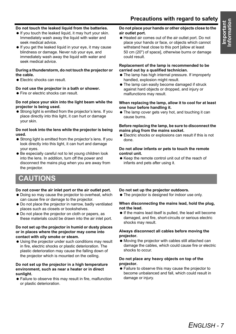 Cautions, Nglish - 7, Precautions with regard to safety | Important information | Panasonic PT-AE3000E User Manual | Page 7 / 60