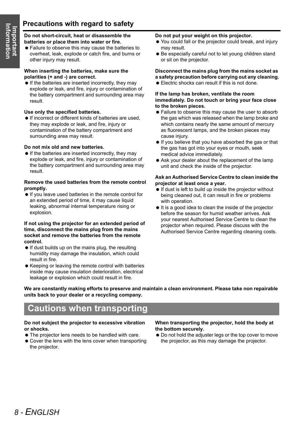 Cautions when transporting, Nglish, Precautions with regard to safety | Important information | Panasonic PT-AE3000E User Manual | Page 8 / 60