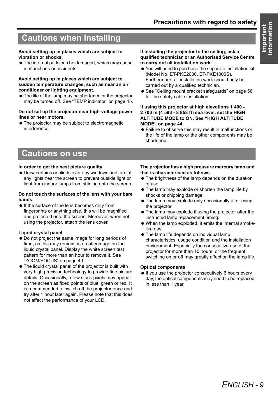 Cautions when installing, Cautions on use, Cautions when installing cautions on use | Nglish - 9, Precautions with regard to safety, Important information | Panasonic PT-AE3000E User Manual | Page 9 / 60