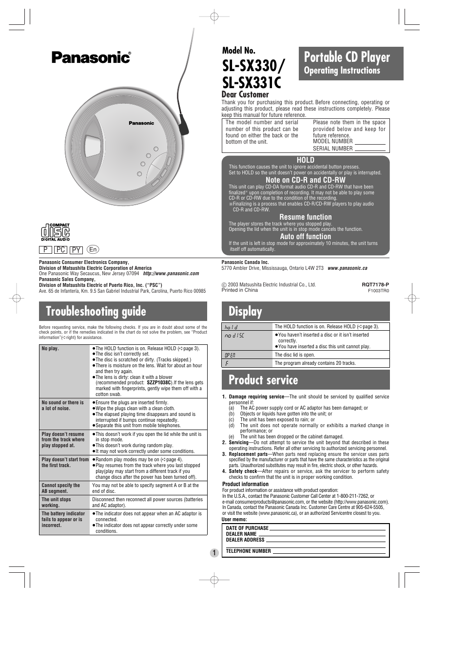 Panasonic SL-SX3314C User Manual | 4 pages