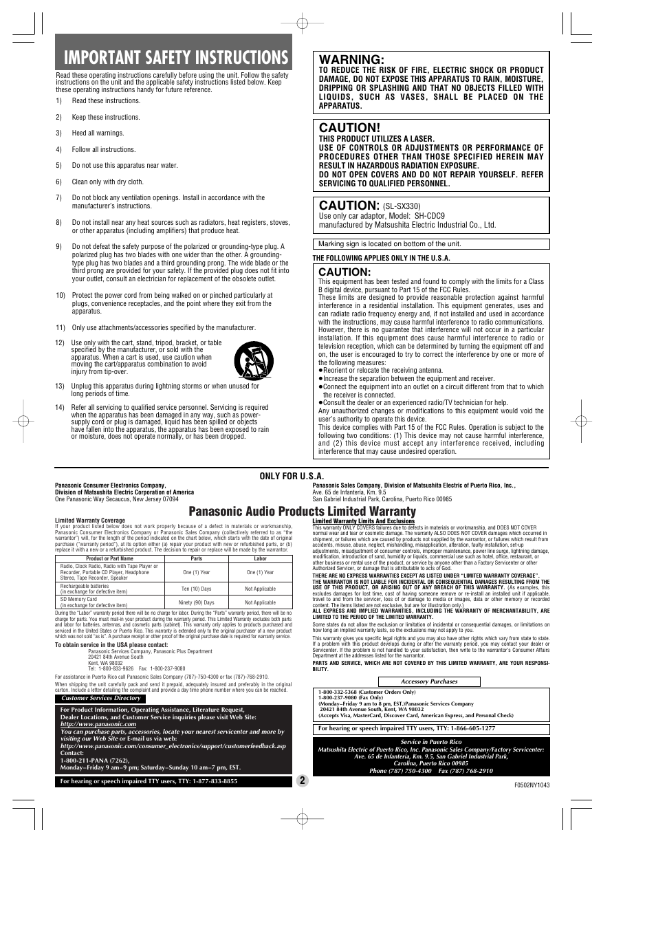 Important safety instructions, Caution, Warning | Panasonic audio products limited warranty | Panasonic SL-SX3314C User Manual | Page 2 / 4