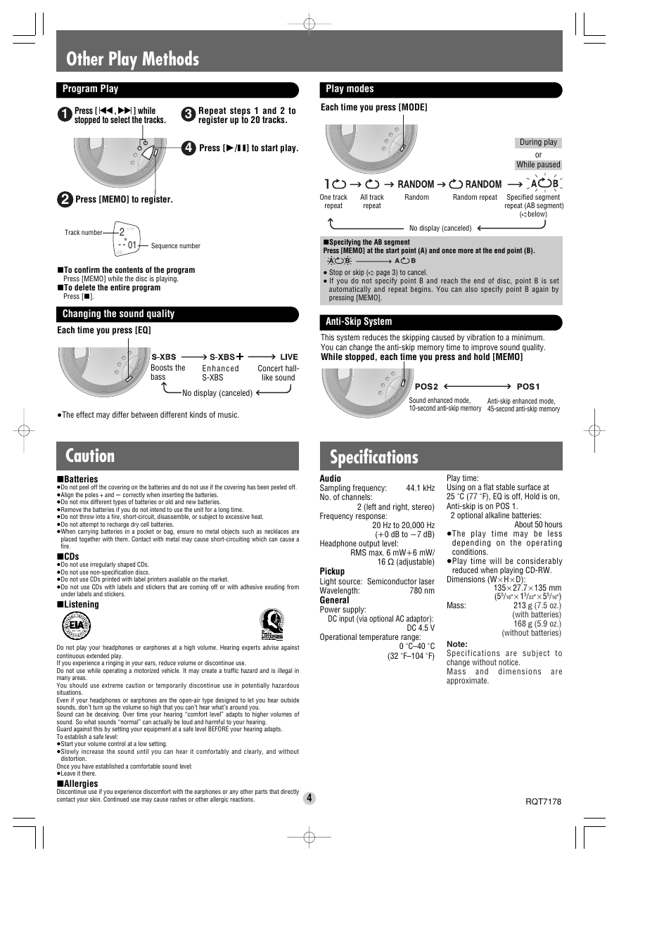 Other play methods, Specifications, Caution | Panasonic SL-SX3314C User Manual | Page 4 / 4
