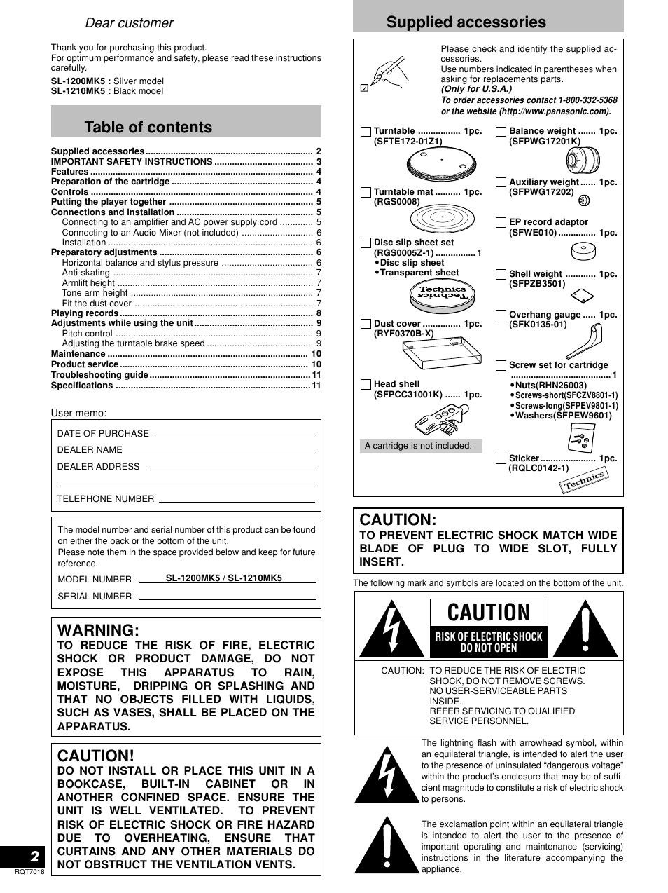 Technics SL-1210MK5 User Manual | Page 2 / 12