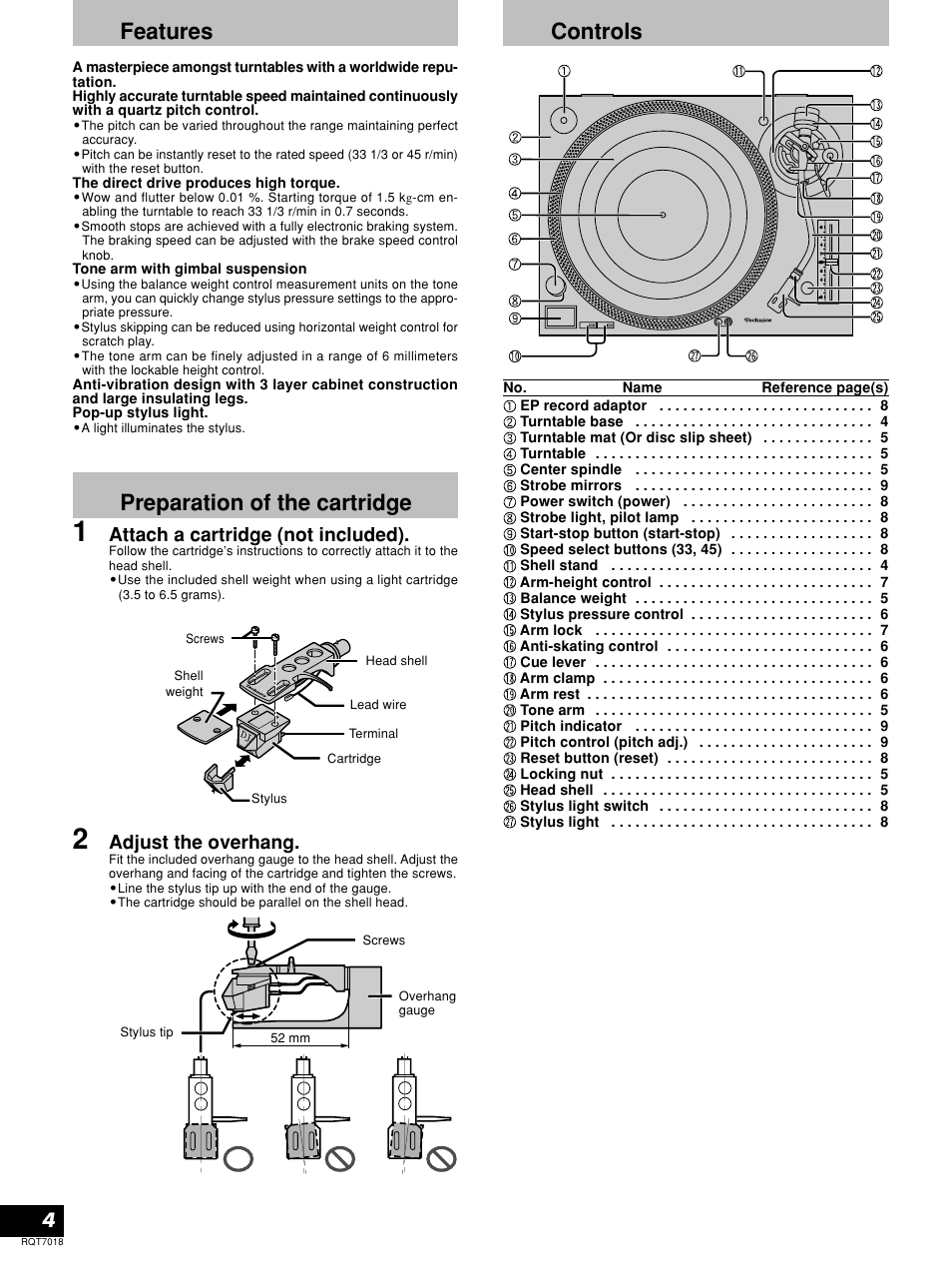 Features, Preparation of the cartridge, Controls | Attach a cartridge (not included), Adjust the overhang | Technics SL-1210MK5 User Manual | Page 4 / 12