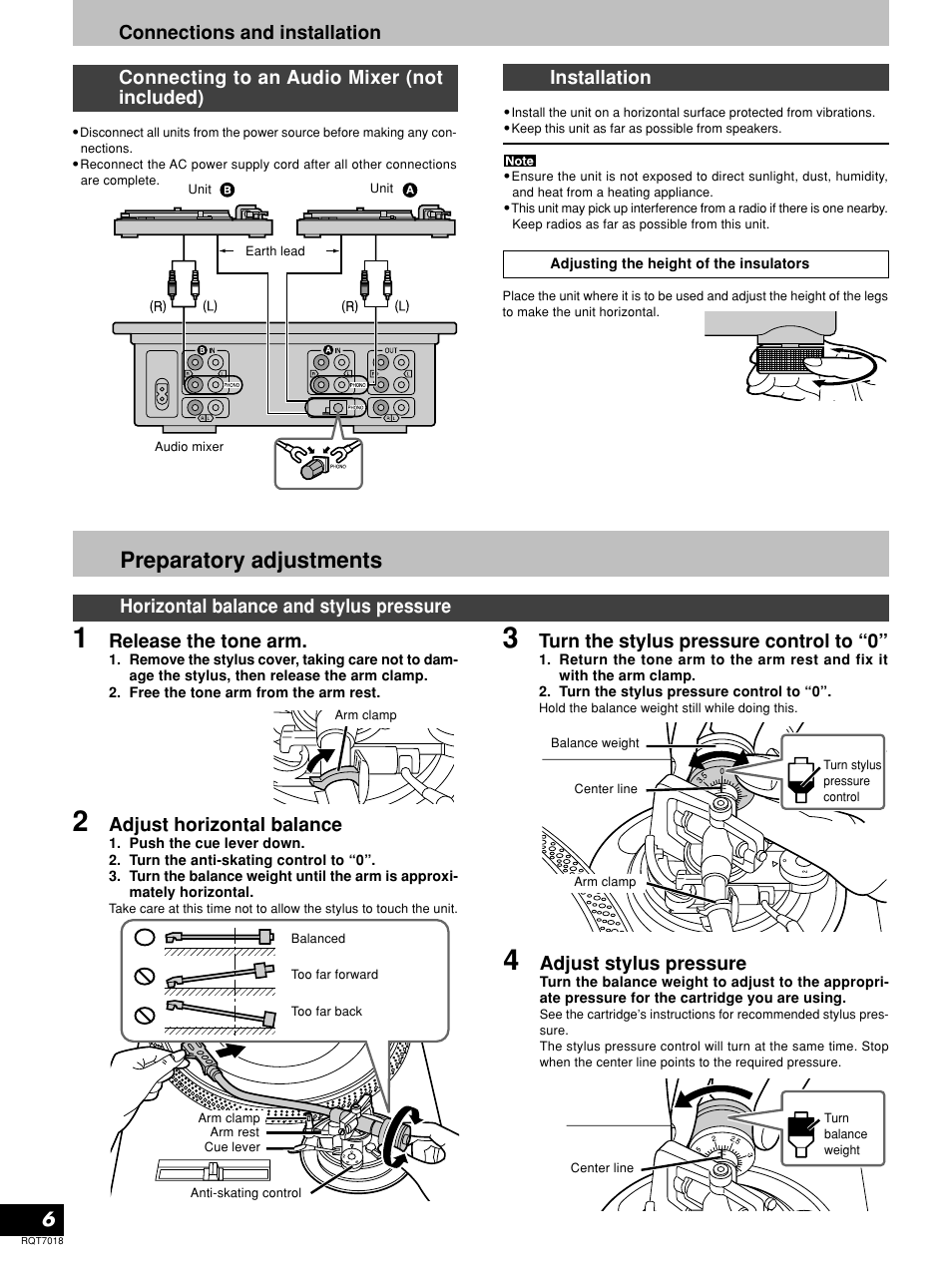 Preparatory adjustments, Installation, Horizontal balance and stylus pressure | Release the tone arm, Adjust horizontal balance, Turn the stylus pressure control to “0, Adjust stylus pressure | Technics SL-1210MK5 User Manual | Page 6 / 12