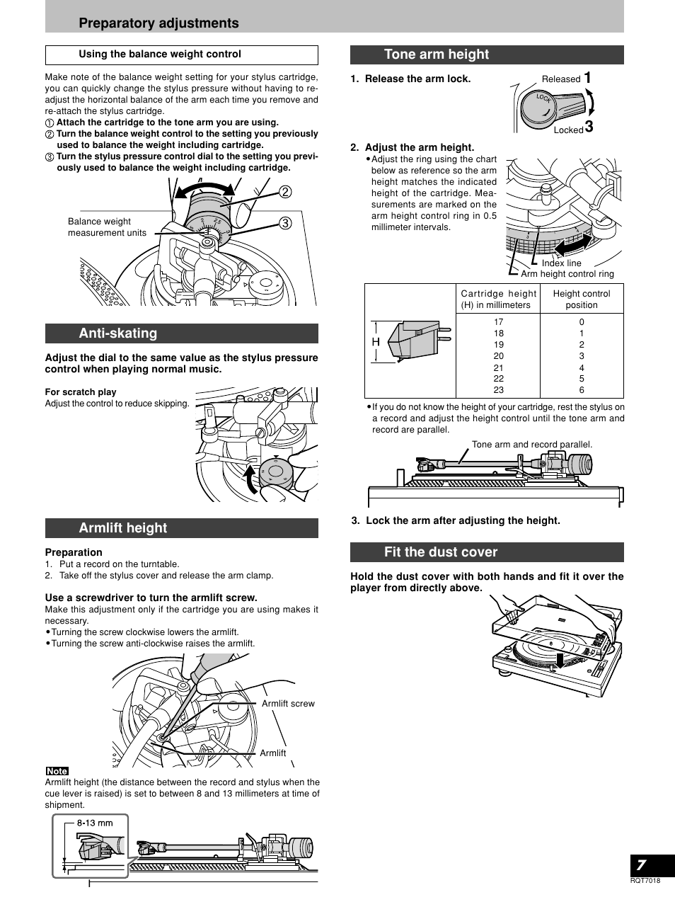 7preparatory adjustments, Anti-skating, Armlift height | Tone arm height, Fit the dust cover | Technics SL-1210MK5 User Manual | Page 7 / 12