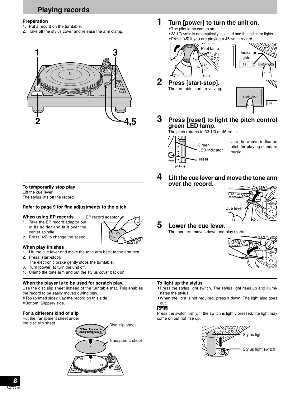 Playing records, Turn [power] to turn the unit on, Press [start-stop | Lower the cue lever | Technics SL-1210MK5 User Manual | Page 8 / 12