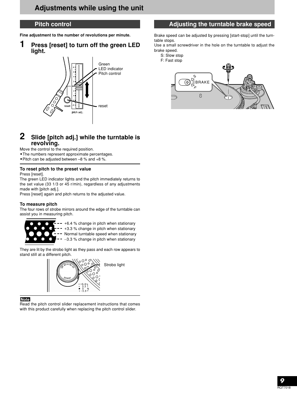 Adjustments while using the unit, 9pitch control, Press [reset] to turn off the green led light | Adjusting the turntable brake speed | Technics SL-1210MK5 User Manual | Page 9 / 12