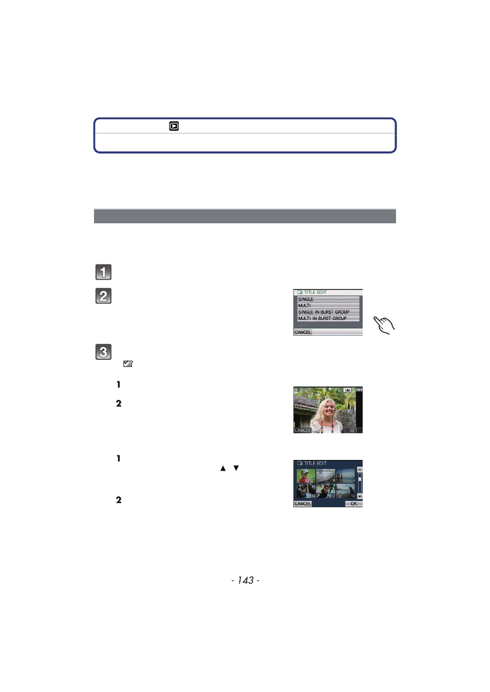 Using the [playback] mode menu, Title edit, P143 | P143) | Panasonic DMC-FX700 User Manual | Page 143 / 208