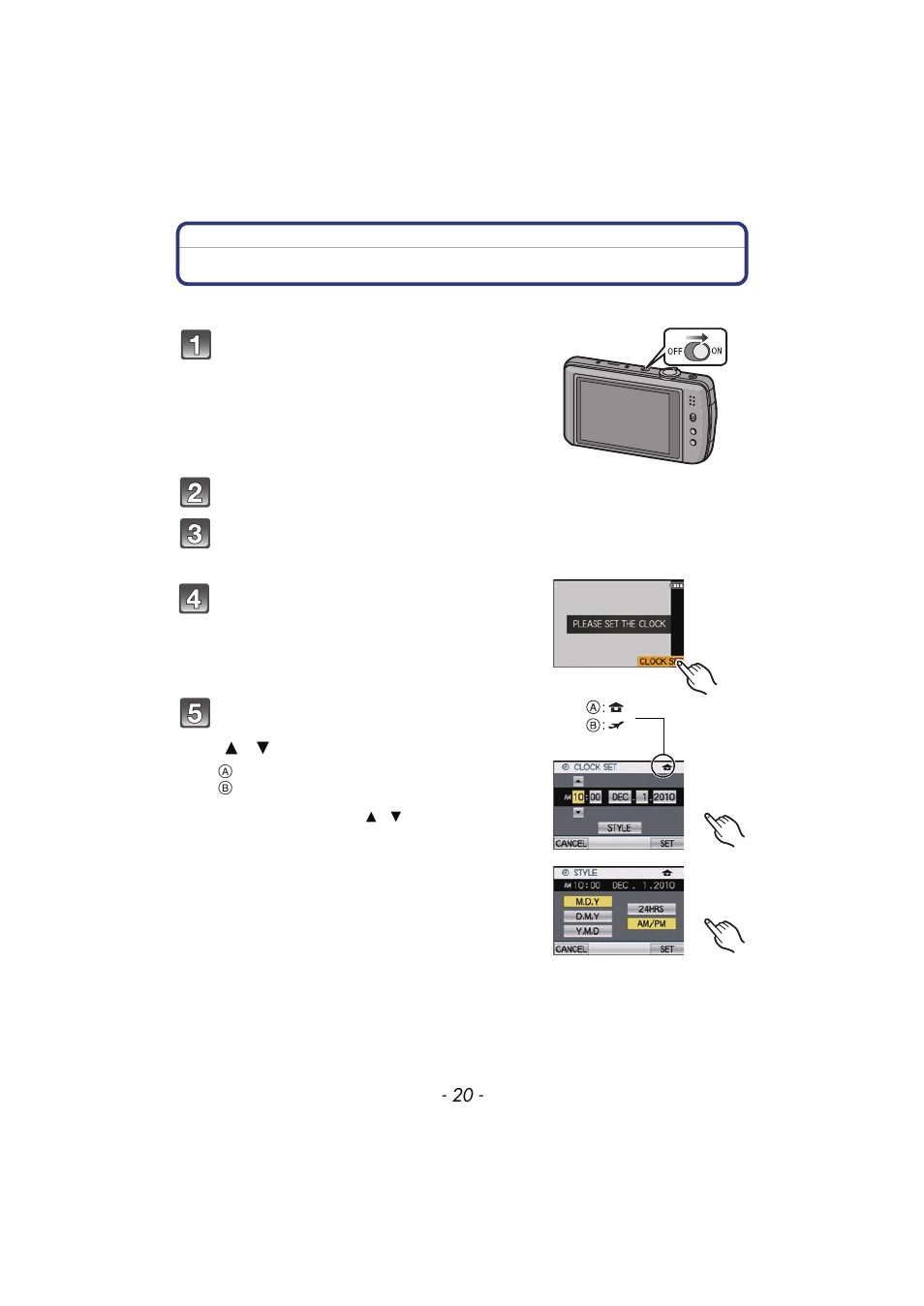 Setting date/time (clock set), P20) | Panasonic DMC-FX700 User Manual | Page 20 / 208