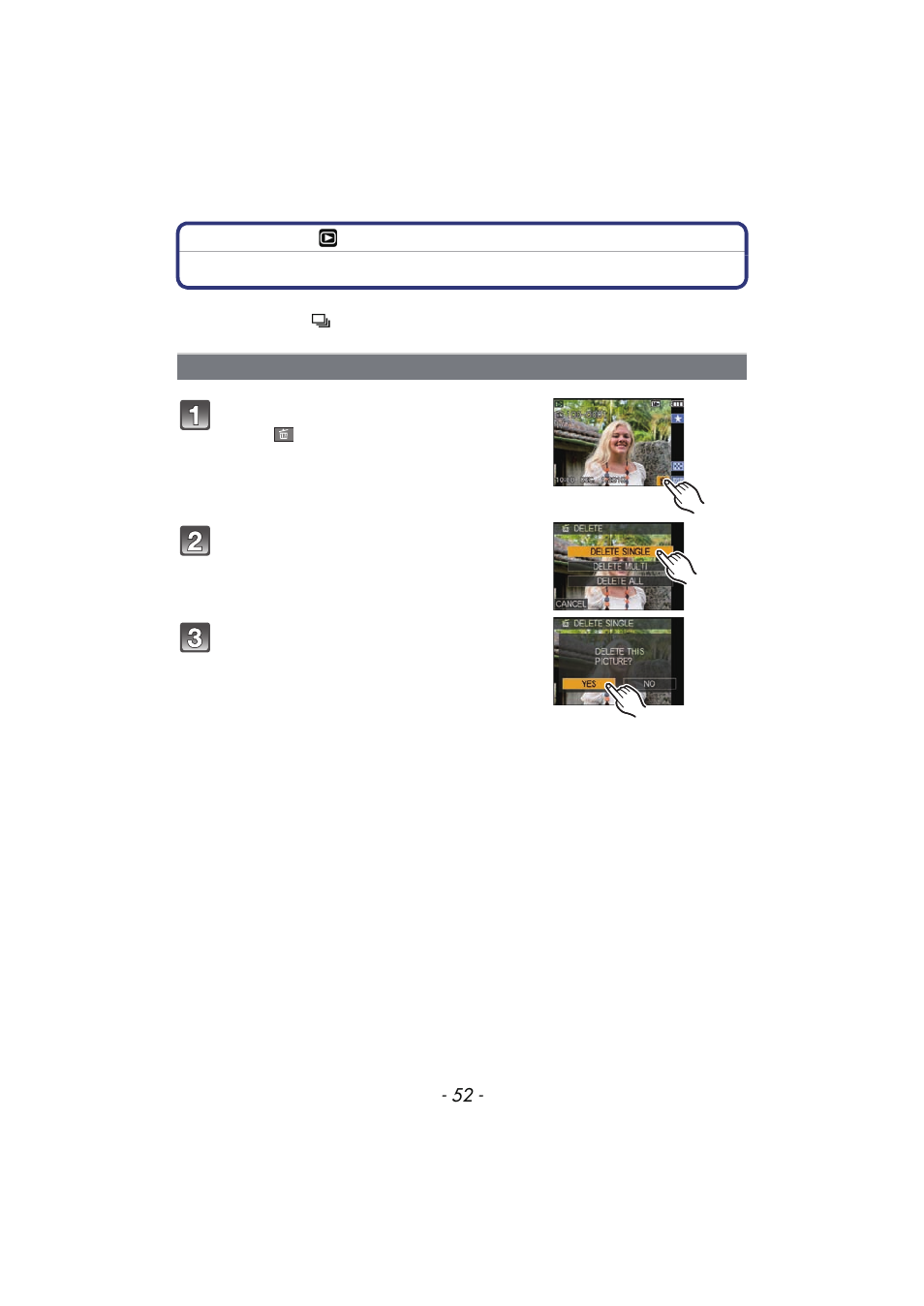 Deleting pictures, To delete a single picture | Panasonic DMC-FX700 User Manual | Page 52 / 208