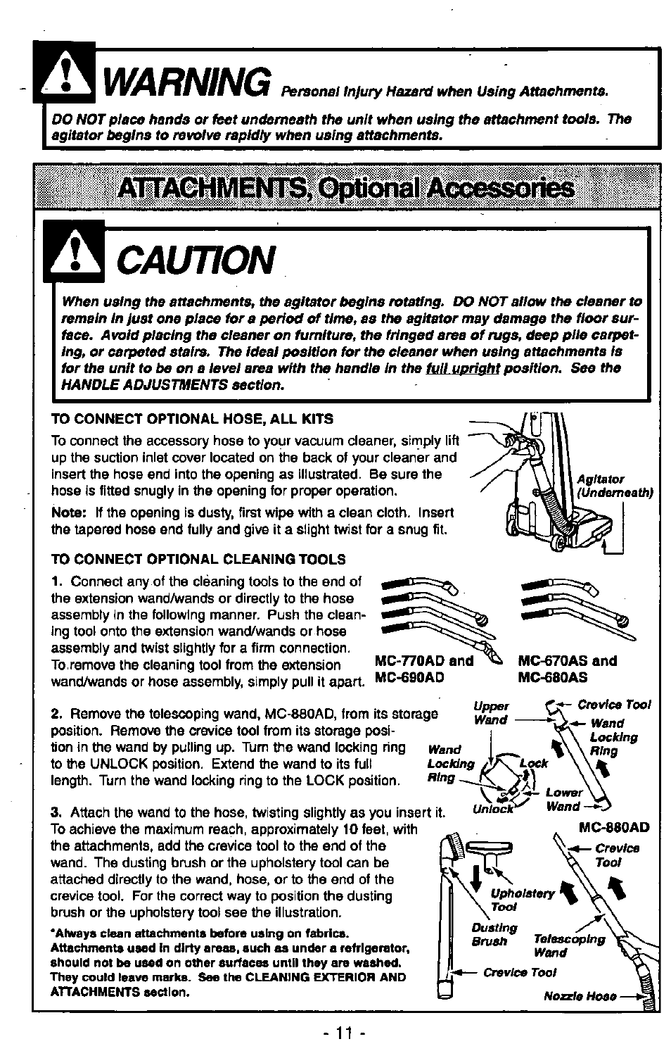 Warning, Caution, Awi!^mehrrs, optional a | Panasonic MC-V6602 User Manual | Page 11 / 40