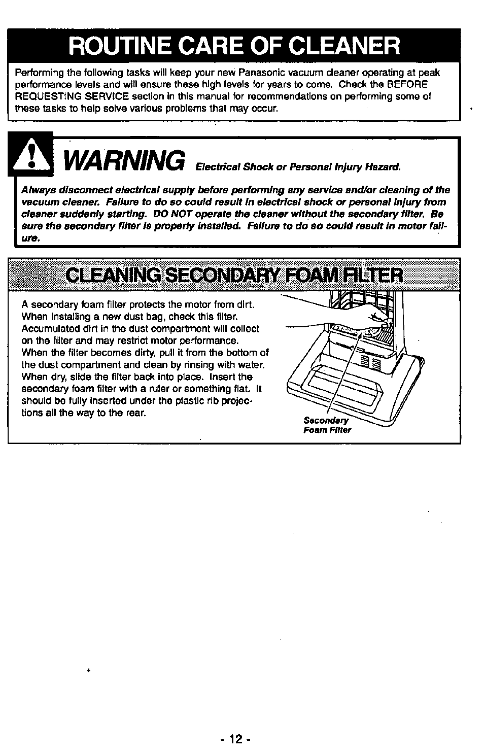 Routine care of cleaner, Warning, Cleaning | Seconbabt | Panasonic MC-V6602 User Manual | Page 12 / 40