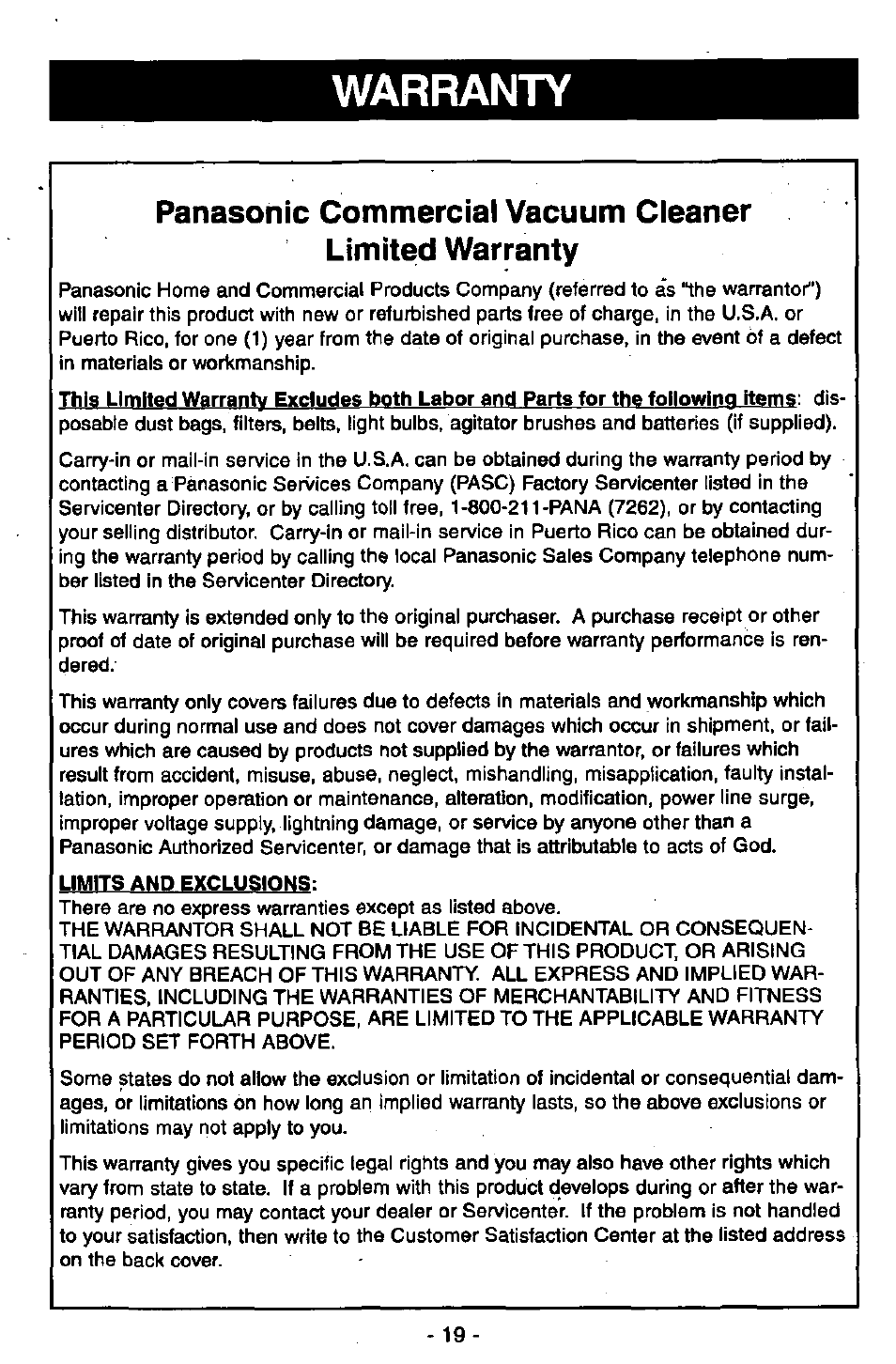 Warranty | Panasonic MC-V6602 User Manual | Page 19 / 40