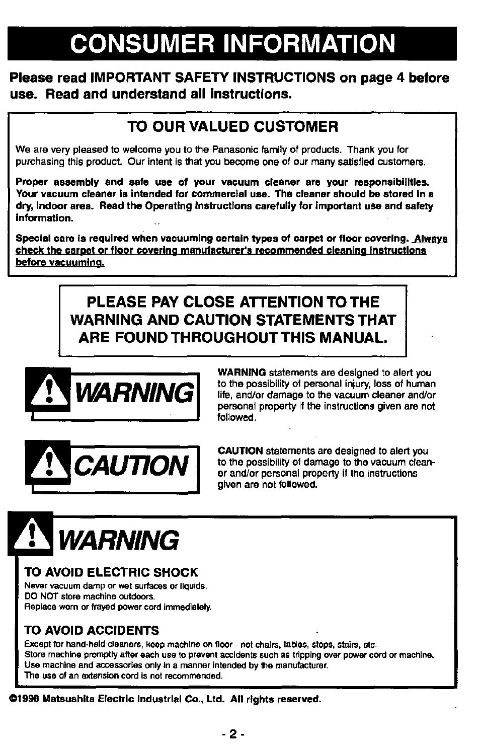 Consumer information, Warning, Caution | Panasonic MC-V6602 User Manual | Page 2 / 40