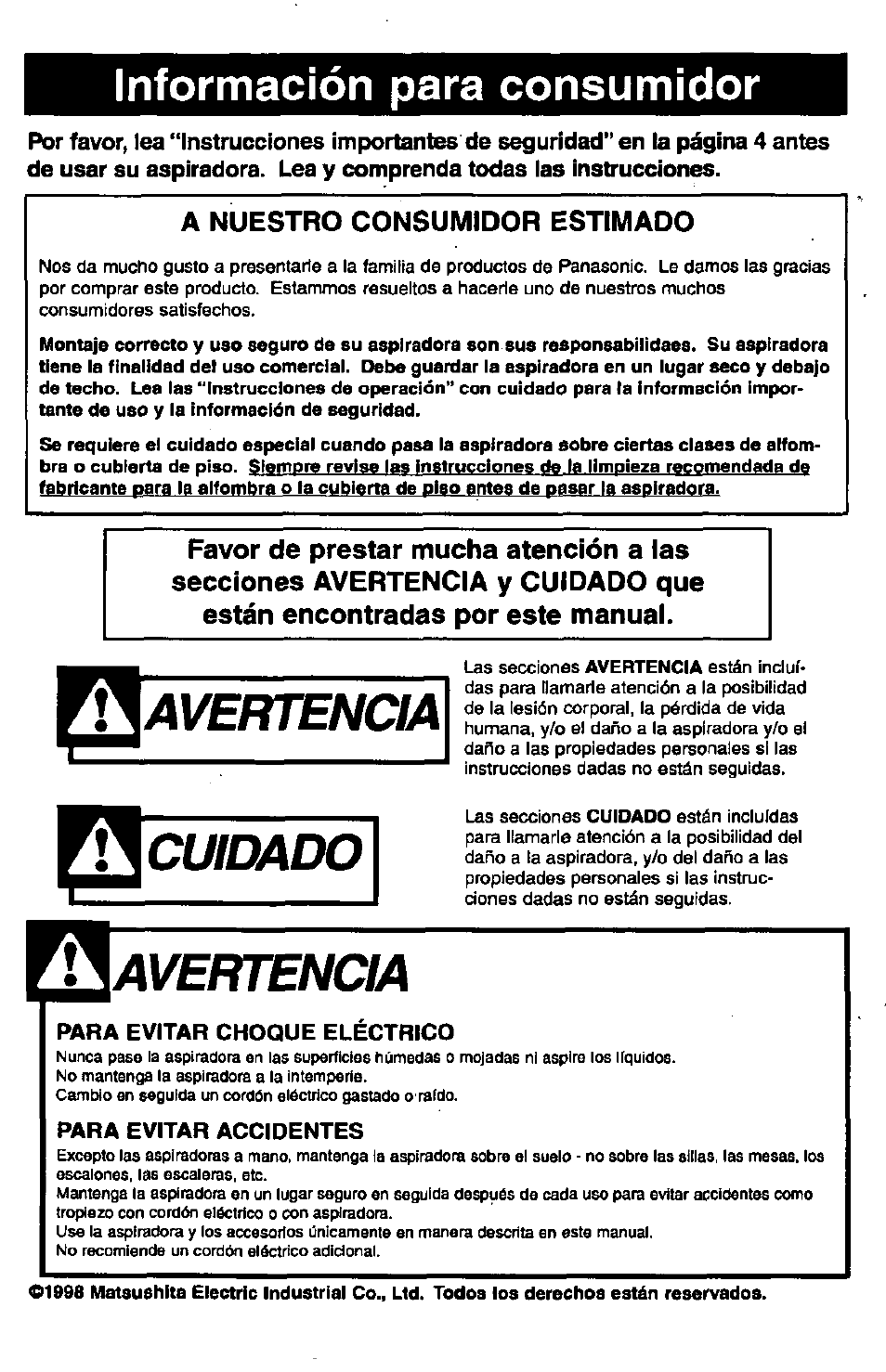 Información para consumidor, Avertencia, Cuidado | Panasonic MC-V6602 User Manual | Page 22 / 40