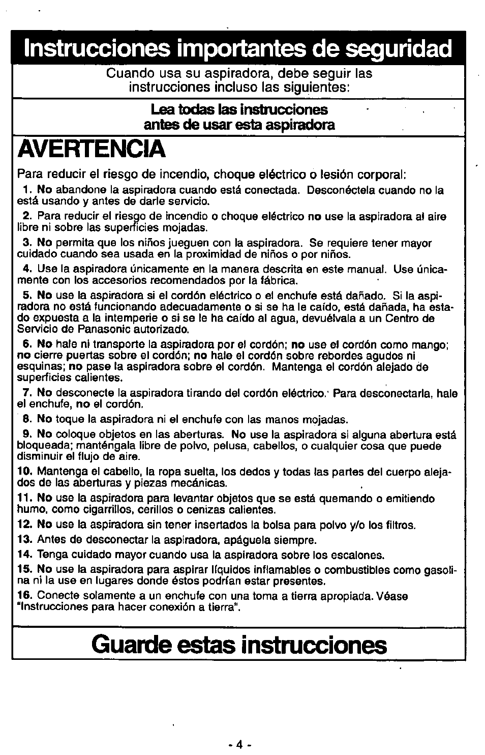 Instrucciones importantes de seguridad, Avertencia, Guarde estas instrucciones | Panasonic MC-V6602 User Manual | Page 24 / 40