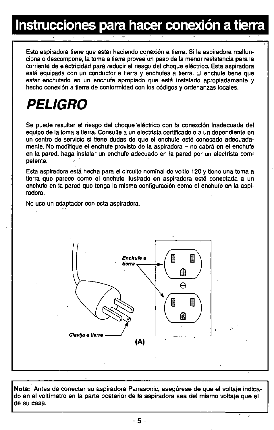 Instrucciones para hacer conexión a tierra, Peligro | Panasonic MC-V6602 User Manual | Page 25 / 40