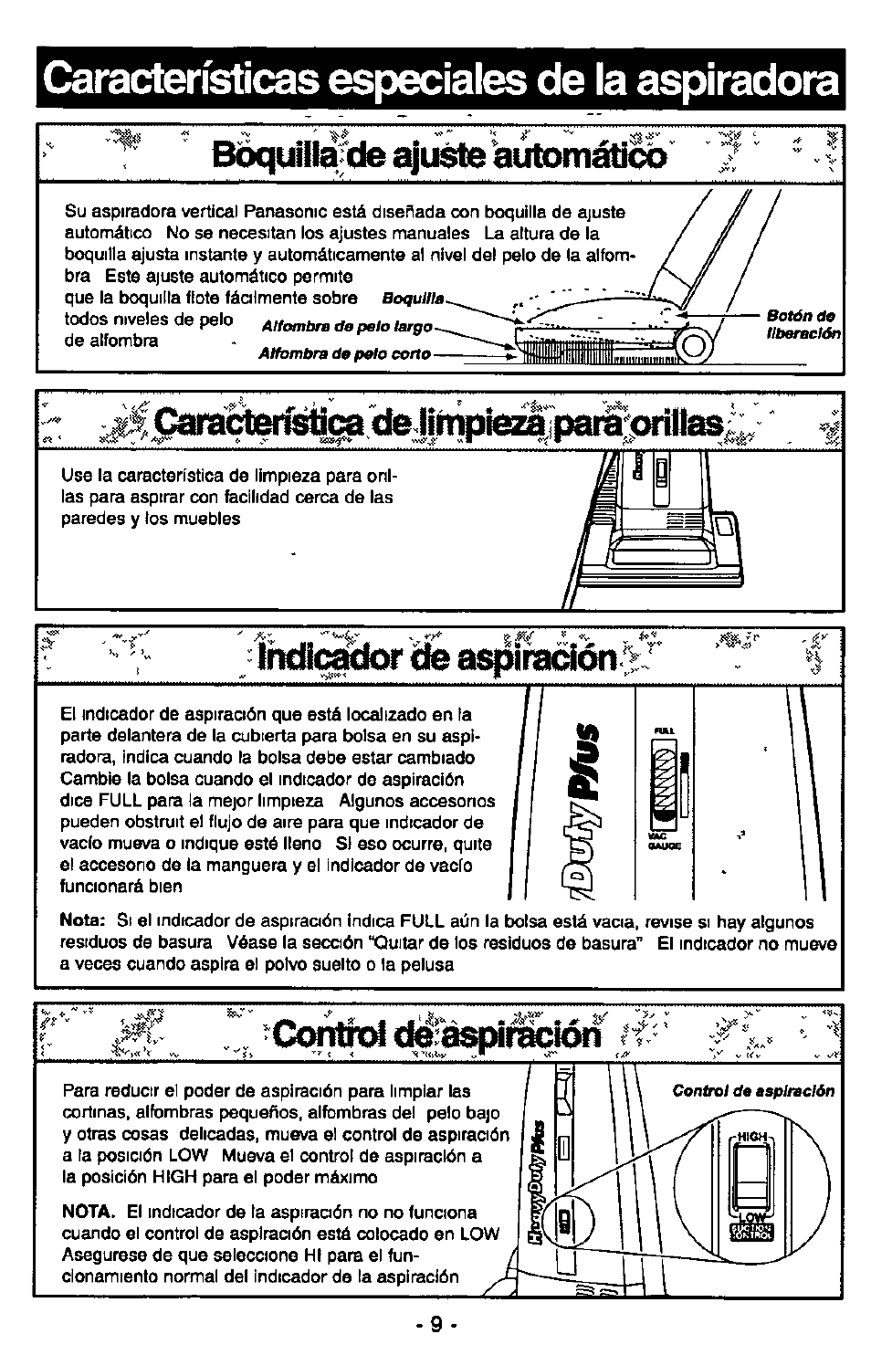 Características especíales de la aspiradora, Bôquihaîde aji^ aulomáticó, Ckmthri d^ráspi^lótf | Carácteriiéica de linfipi^ jpaii^priltæ, Irküc^lor 'cié aspiraáón | Panasonic MC-V6602 User Manual | Page 29 / 40