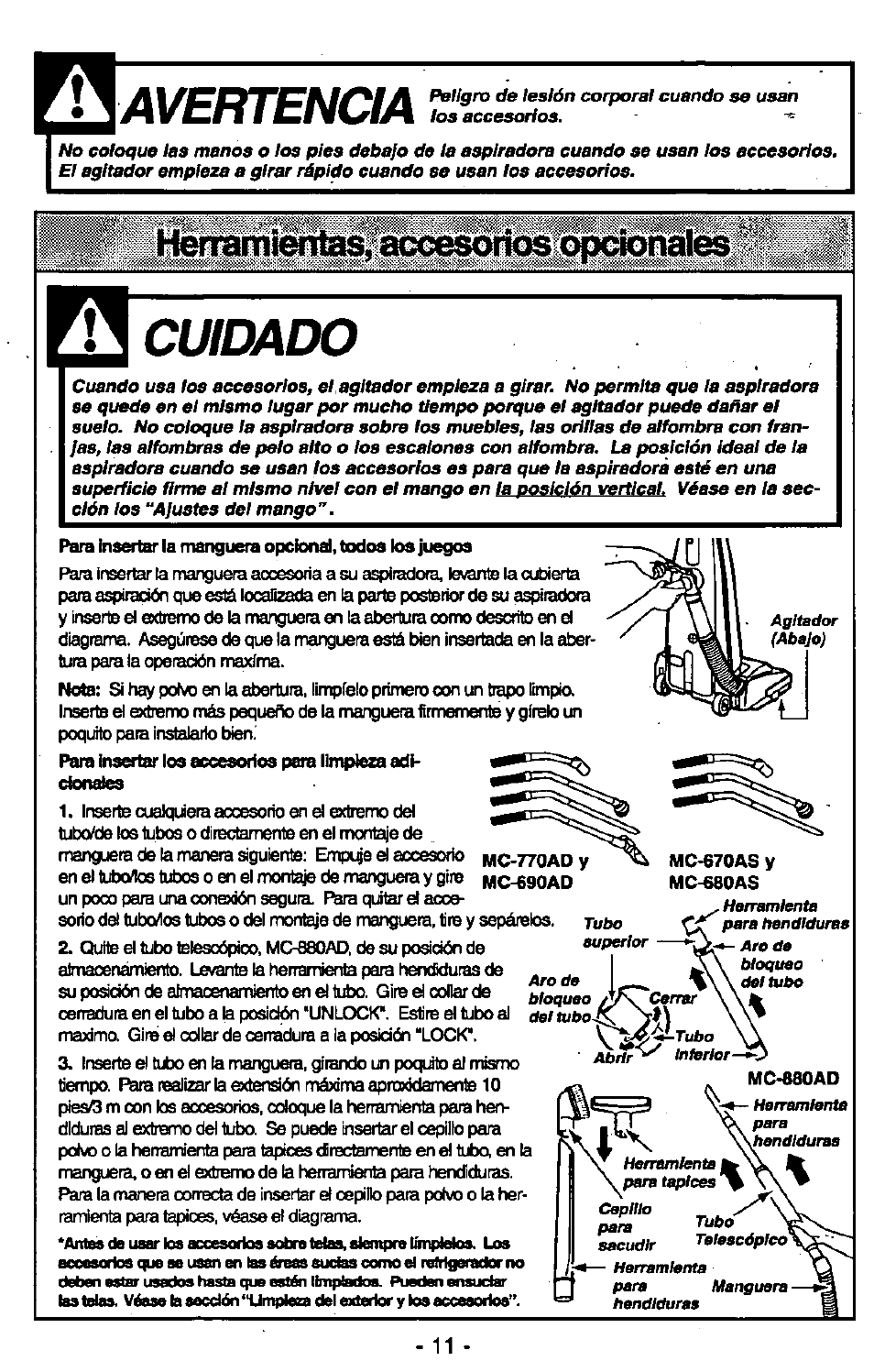 Avertencia, Cuidado, Hérami^iía^sxesoriosr | Panasonic MC-V6602 User Manual | Page 31 / 40