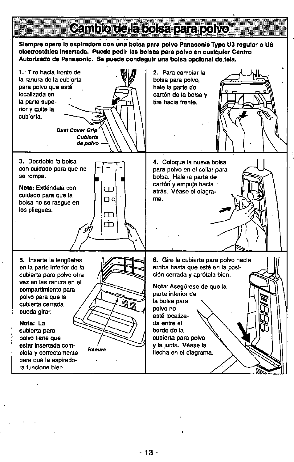 Cambio de ü:ik>lsa para polvo | Panasonic MC-V6602 User Manual | Page 33 / 40