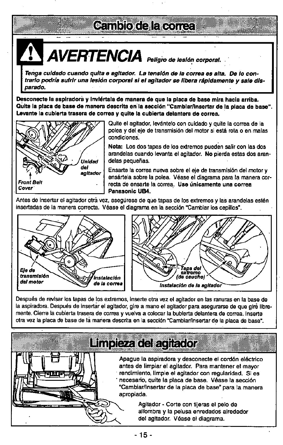 Avertencia, С^ыо de.ia correa, Limpieza del agitador | Panasonic MC-V6602 User Manual | Page 35 / 40