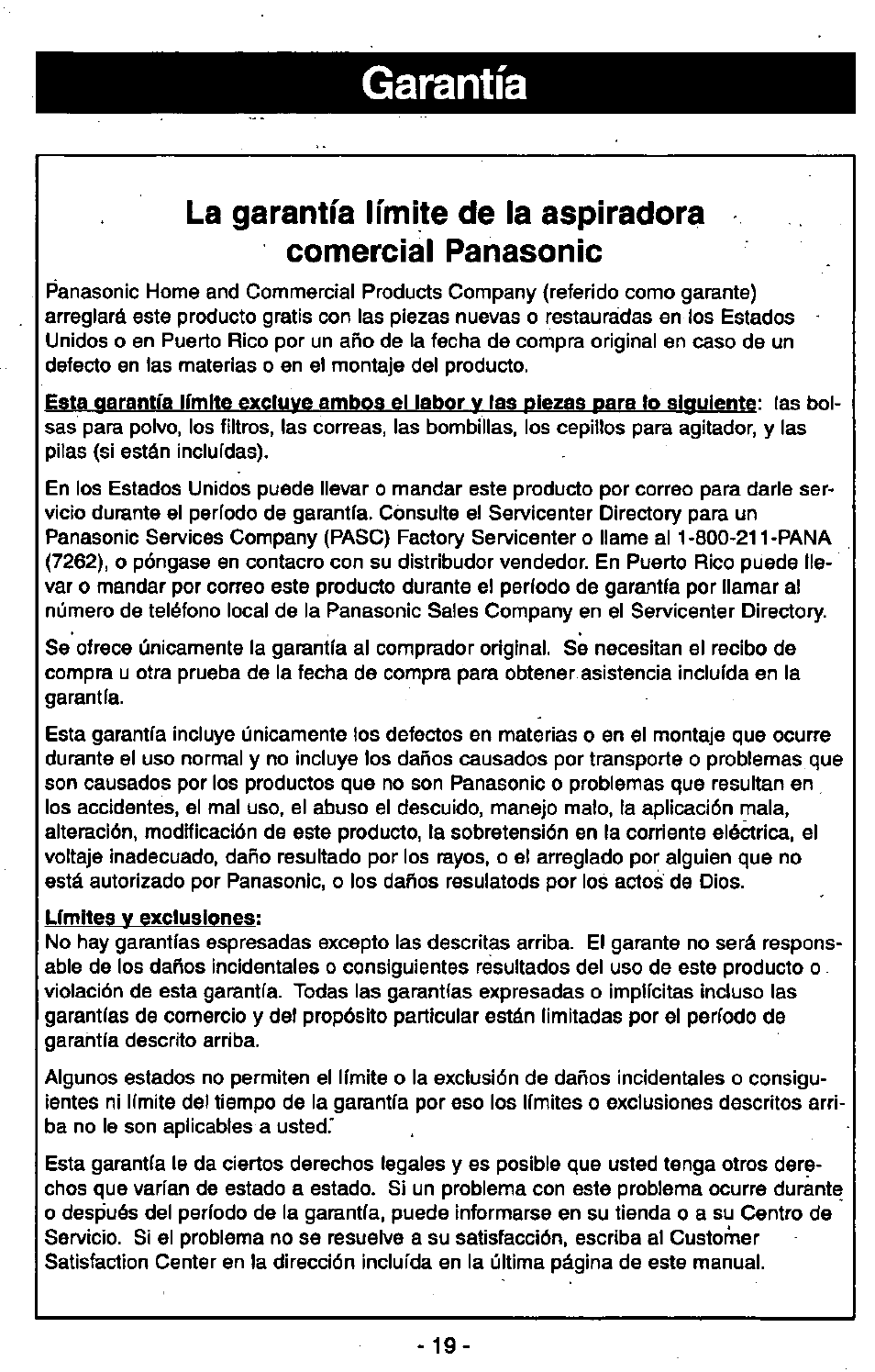 Garantía | Panasonic MC-V6602 User Manual | Page 39 / 40