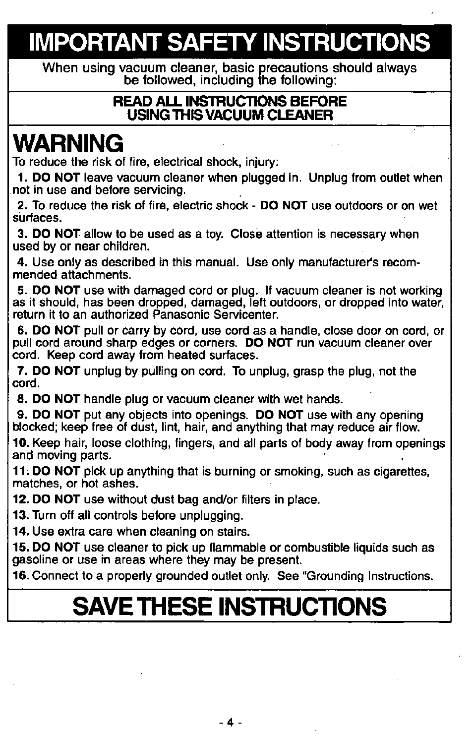 Important safety instructions, Warning, Save these instructions | Panasonic MC-V6602 User Manual | Page 4 / 40