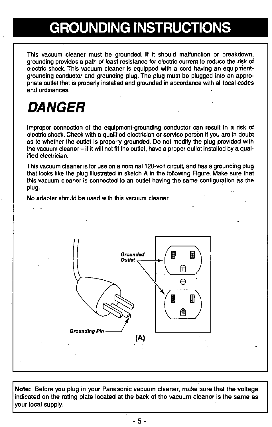 Grounding instructions, Danger | Panasonic MC-V6602 User Manual | Page 5 / 40