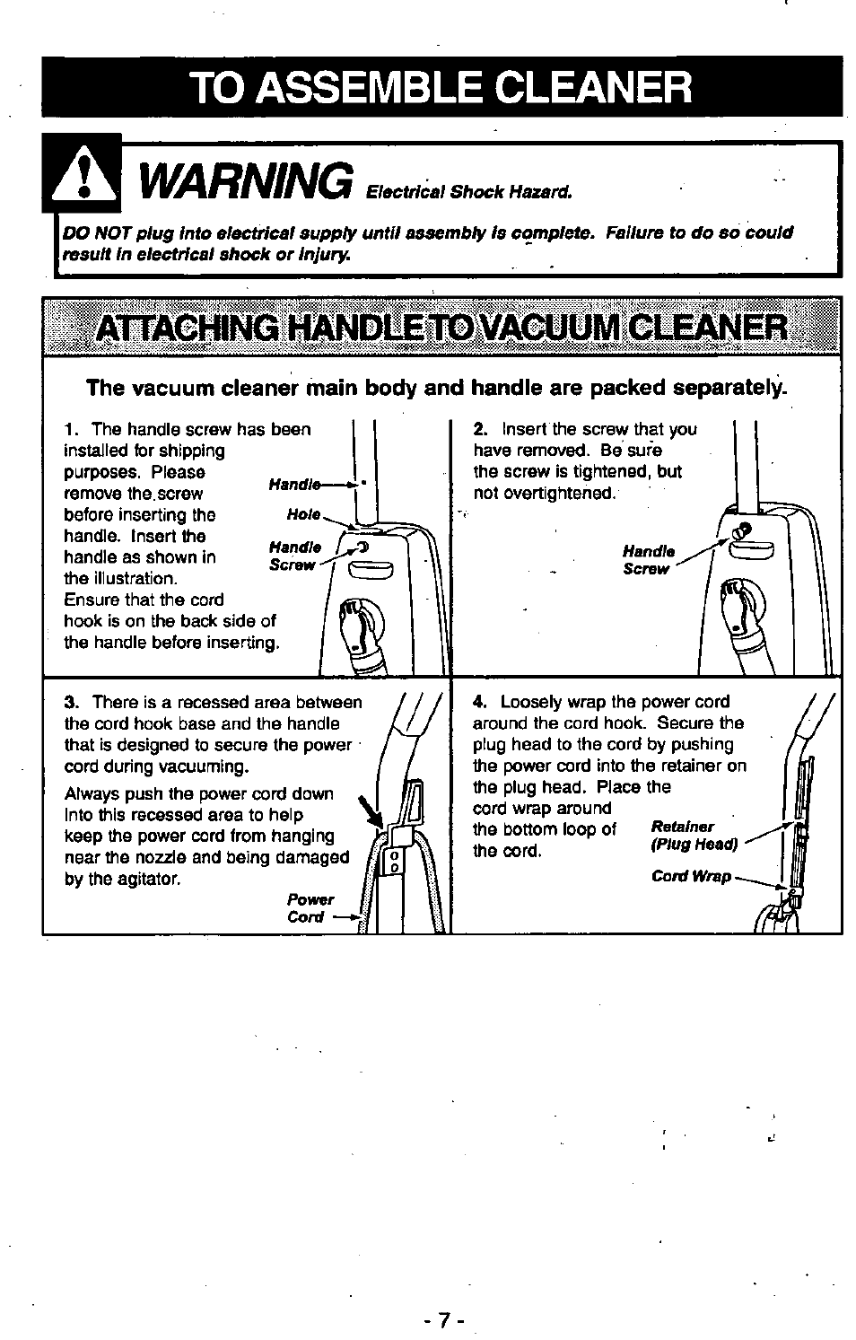 Warning, Attaching handleto vacui, Jm cleaner | Panasonic MC-V6602 User Manual | Page 7 / 40