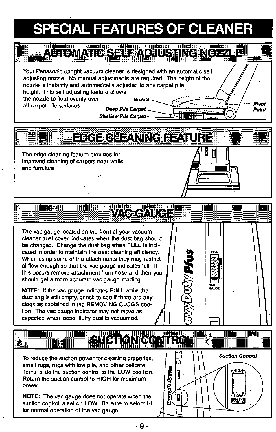 Special features of cleaner, Iéiie, Edge cleaning feature | Suction control | Panasonic MC-V6602 User Manual | Page 9 / 40