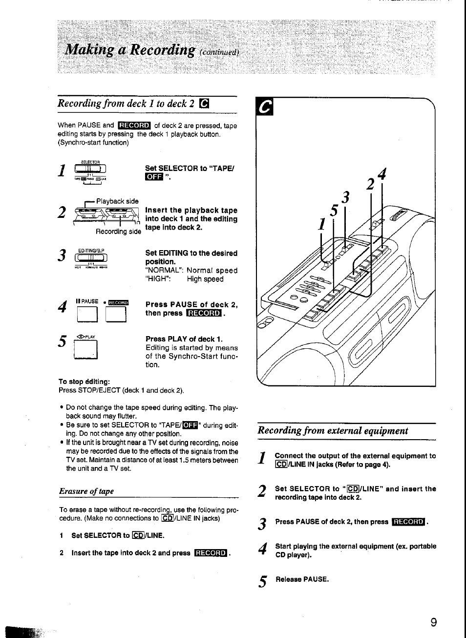 J b li|^ 1 i, Set selector to “tape, N -j- ^ tape into deck 2 | To stop editing, 1 set selector to f^/line, 2 insert the tape into deck 2 and press, Release pause | Panasonic RX-FT570 User Manual | Page 8 / 10