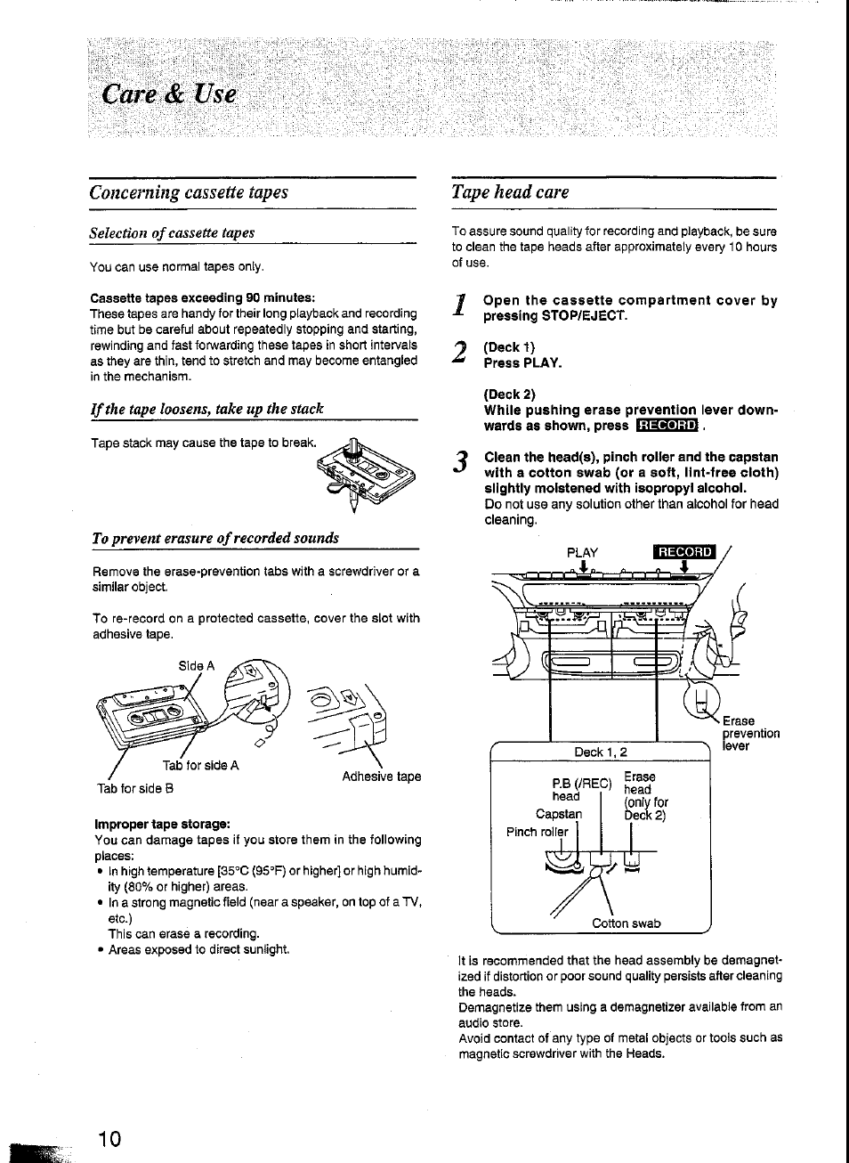 Cassette tapes exceeding 90 minutes, Improper tape storage, Deck 1) press play | Deck 2) | Panasonic RX-FT570 User Manual | Page 9 / 10